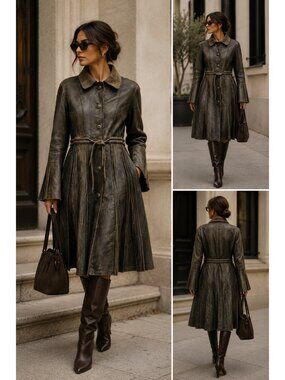 Knoles & Carter Women's Genuine Leather Belted Coat Jacket Khaki Olive Brown M